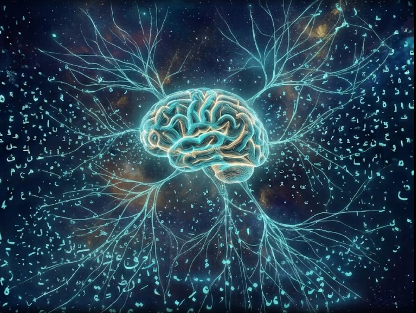 Illustration of a glowing brain with Arabic letters